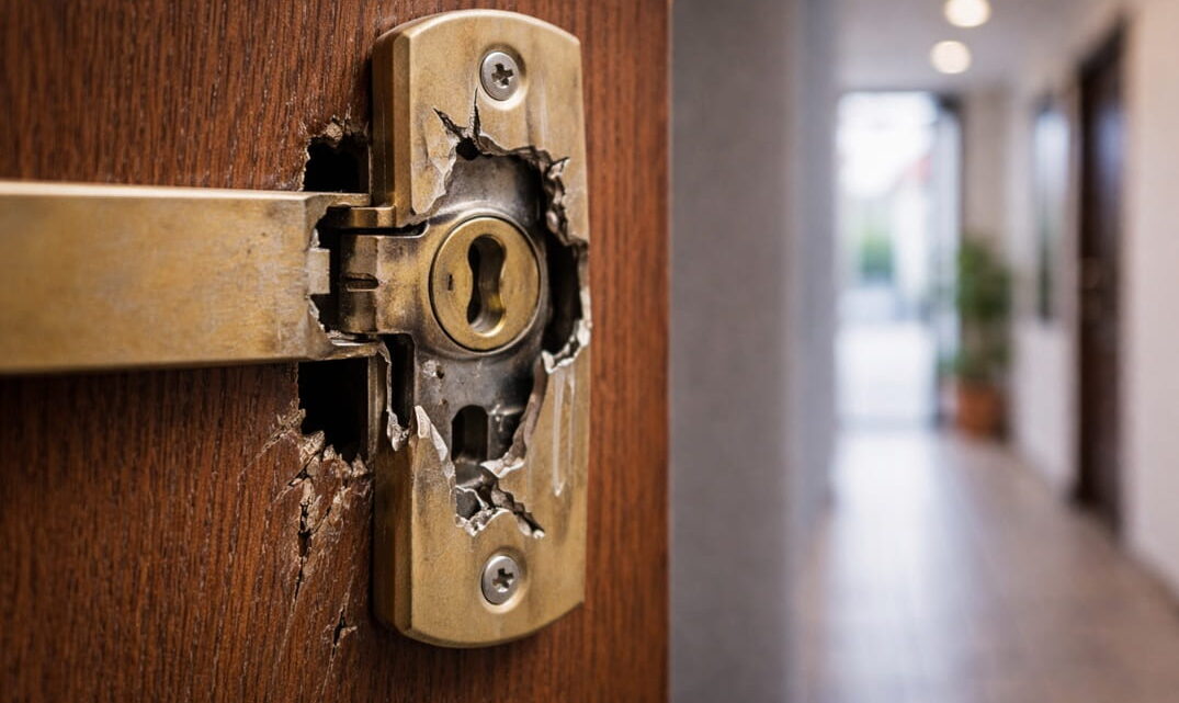 cerradura dañada en puerta de vivienda en Reus con mecanismo roto